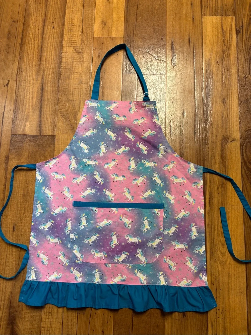 Apron Pink & Teal Unicorn Kids Kitchen Apron with Pocket Fits 5-10 Years EUC